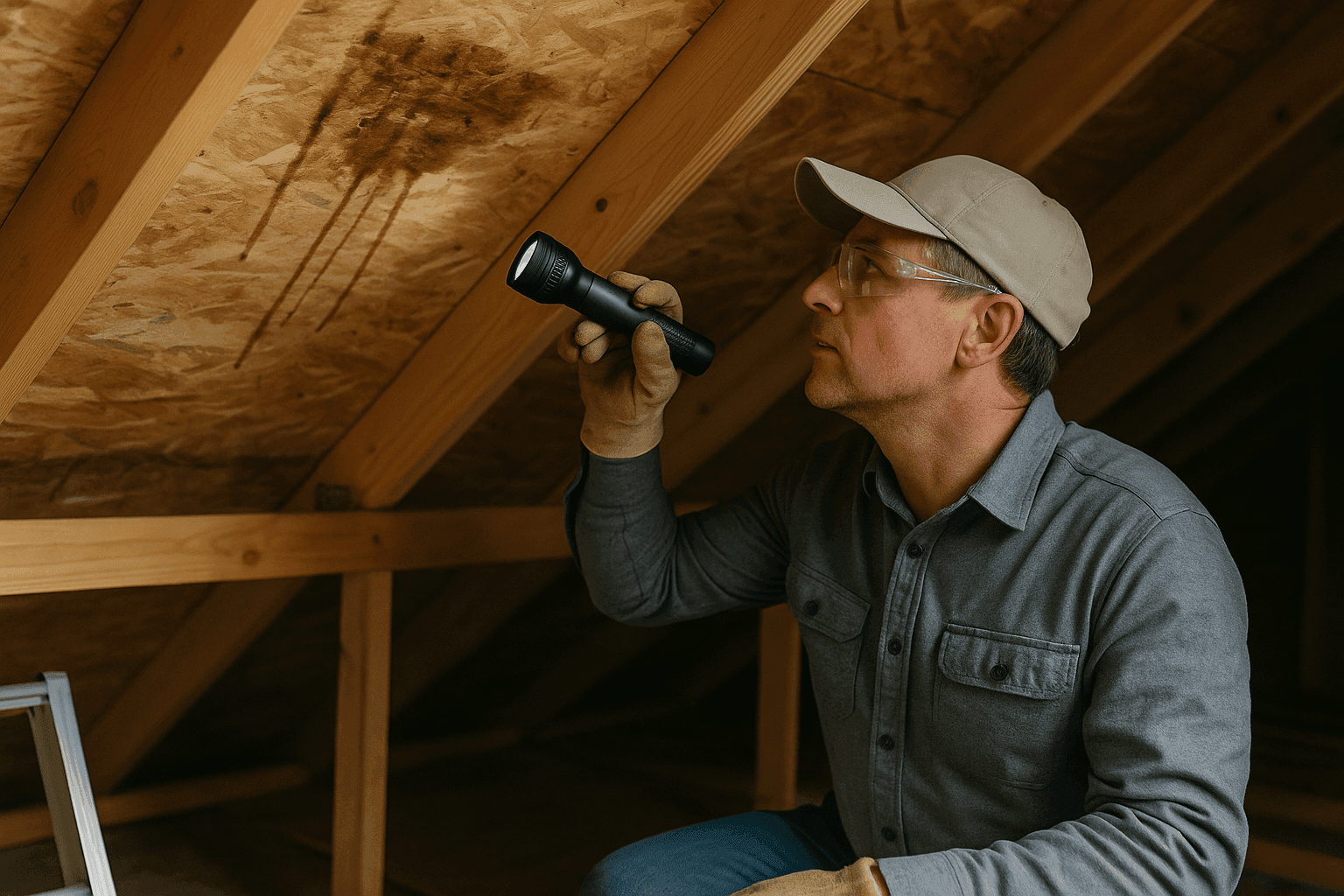 Homeowner inspecting attic roof for water leaks and damage