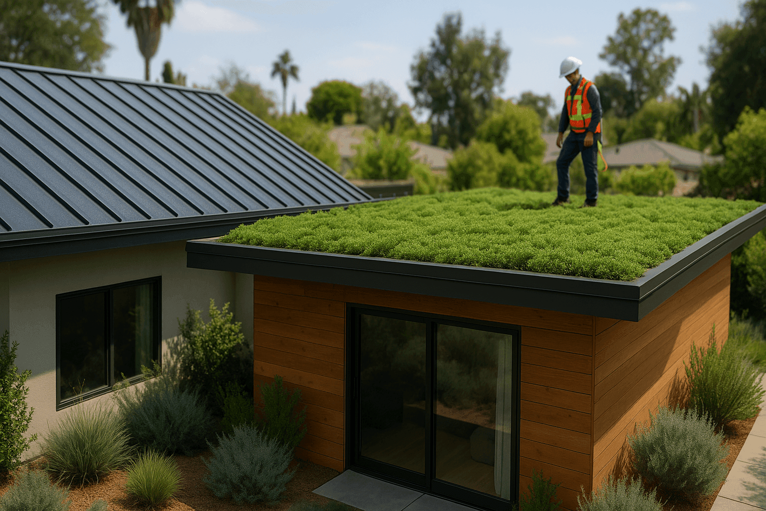 Modern home with metal and green roof sections surrounded by native landscaping