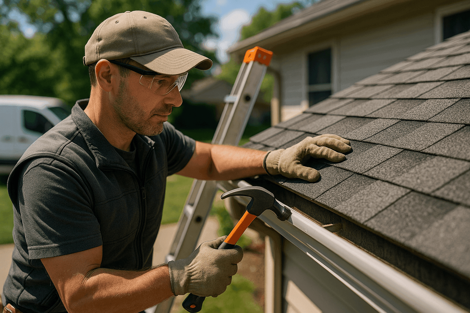 Roofing technician inspecting shingles and gutters on a residential roof