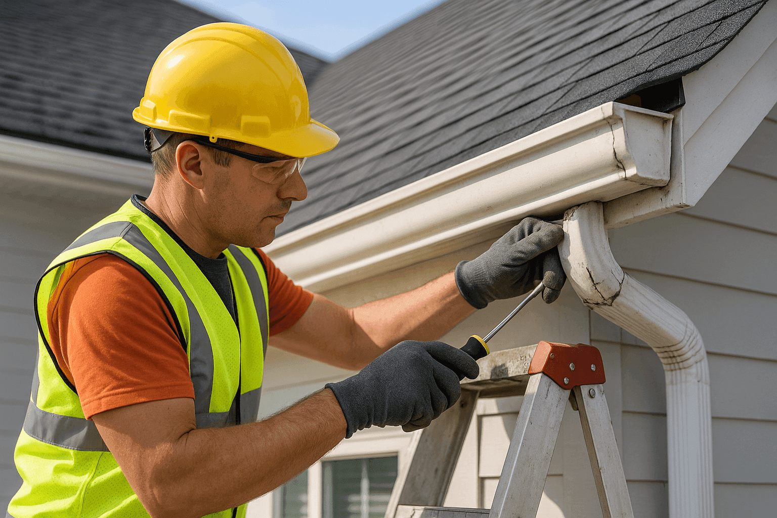 Technician inspecting and repairing damaged residential gutter system
