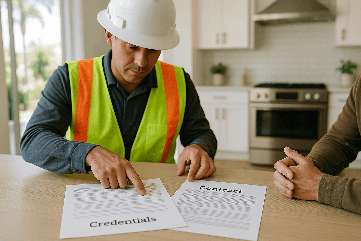 Roofer and homeowner reviewing contract and credentials at kitchen table