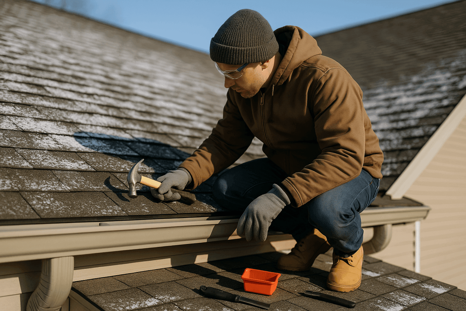 Homeowner inspecting snow-dusted roof and gutters before winter