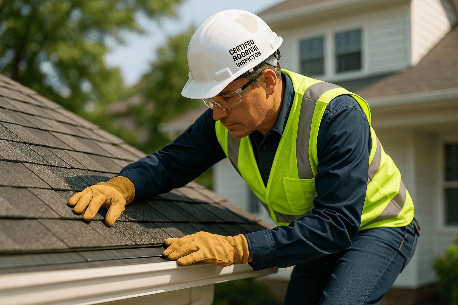 Certified inspector examining roof shingles and flashing on a two-story home