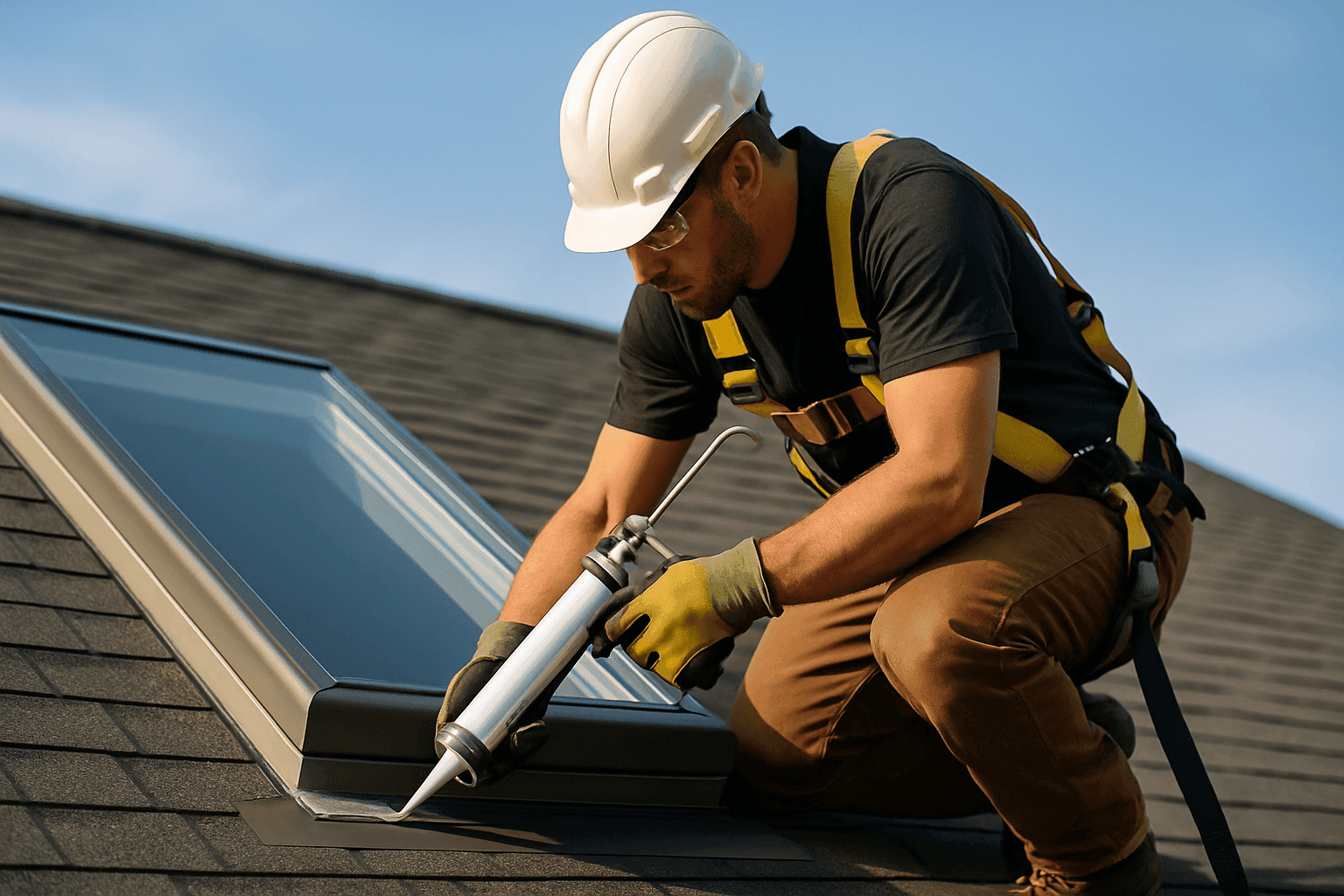Technician sealing a new skylight on a residential roof under blue sky