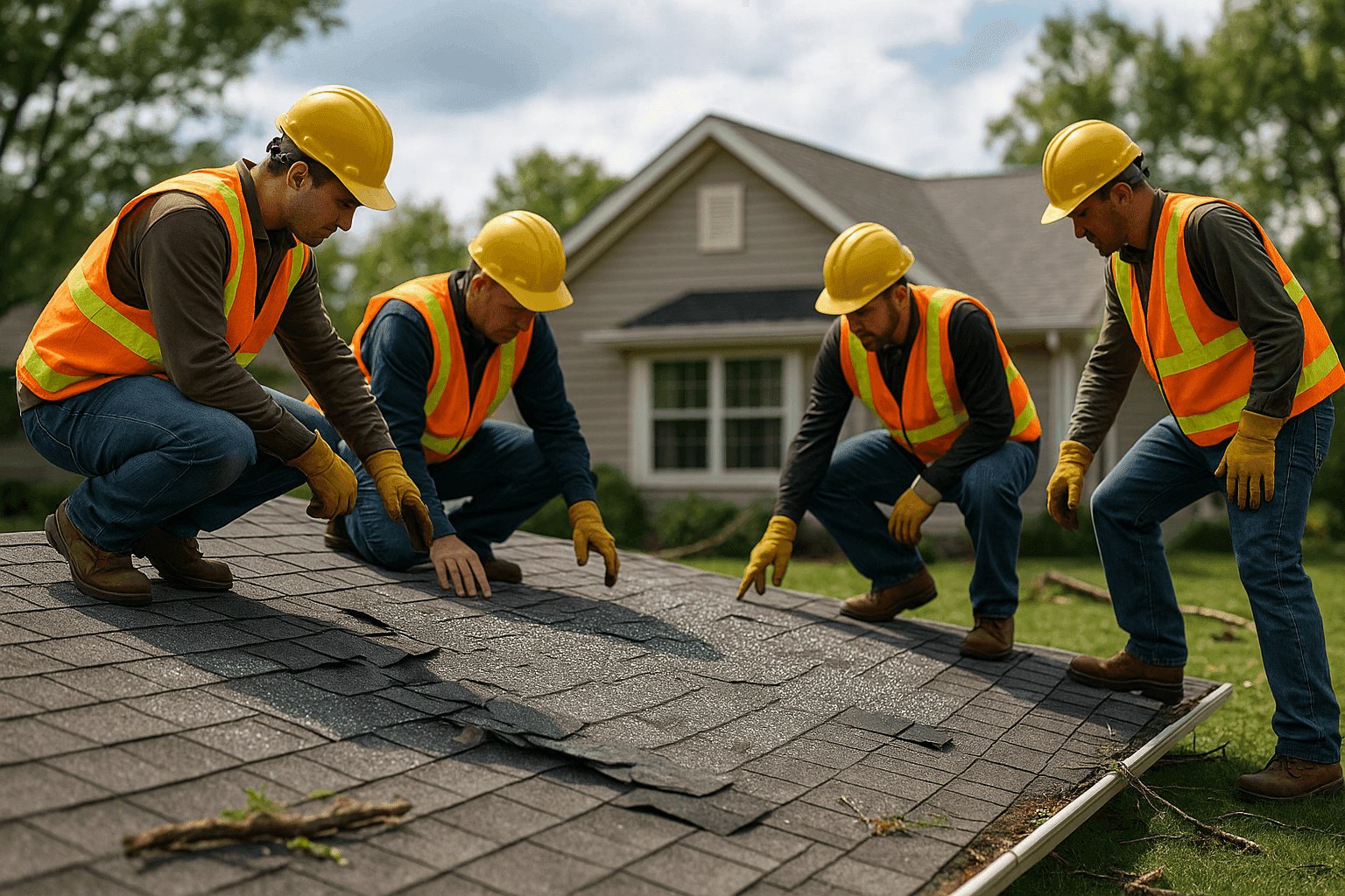Roofing team assessing hail and wind damage on a large, suburban home